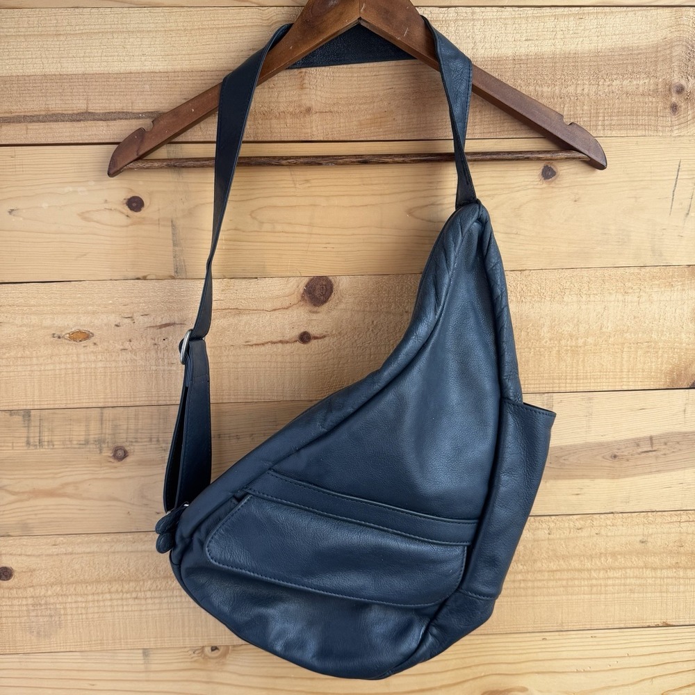 Ameribag Healthy Back Bag In Blue Leather Sling Teardrop Carry All Pockets